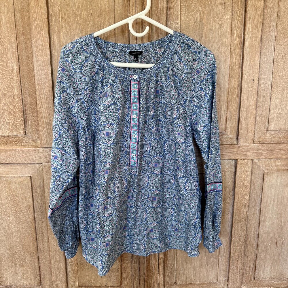 Talbots Women's L Paisley Medallion Blouse 100% Cotton Blue Pink Long Sleeve